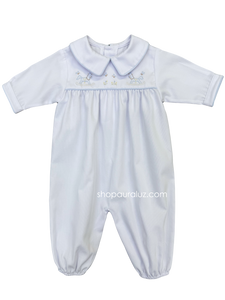 Auraluz Pique Boy Converter Gown...White w/blue piping trim and embroidered rocking horses