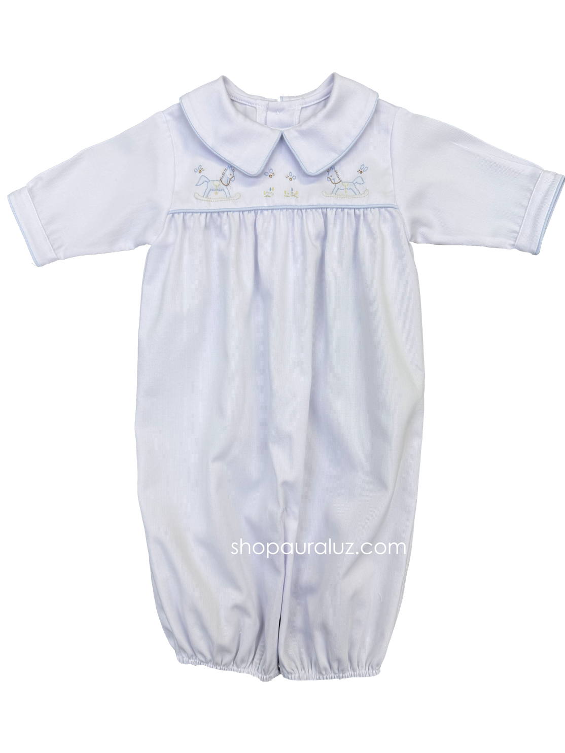 Auraluz Pique Boy Converter Gown...White w/blue piping trim and embroidered rocking horses