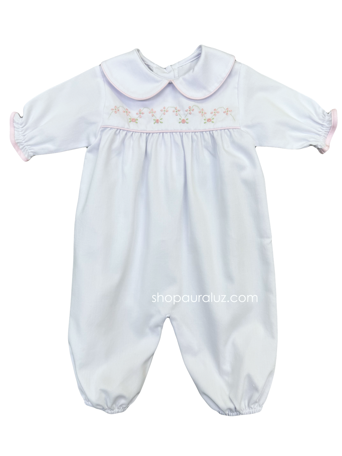 Auraluz Pique Girl Converter Gown...White w/pink piping trim and embroidered flowers