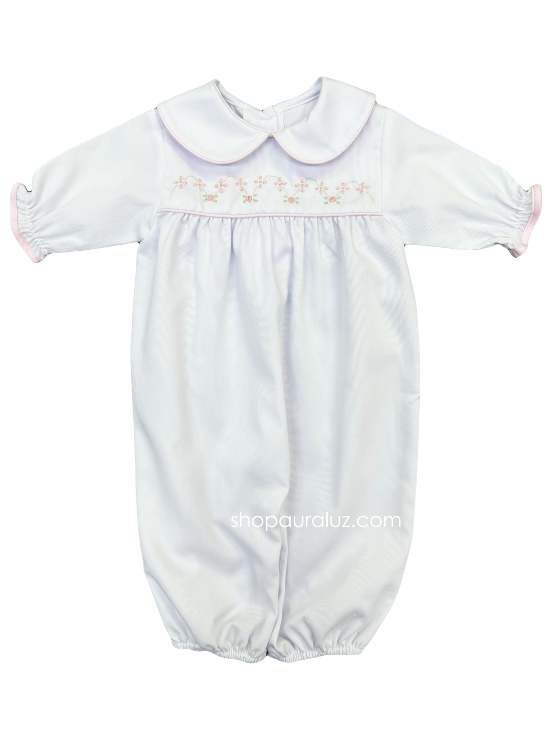 Auraluz Pique Girl Converter Gown...White w/pink piping trim and embroidered flowers