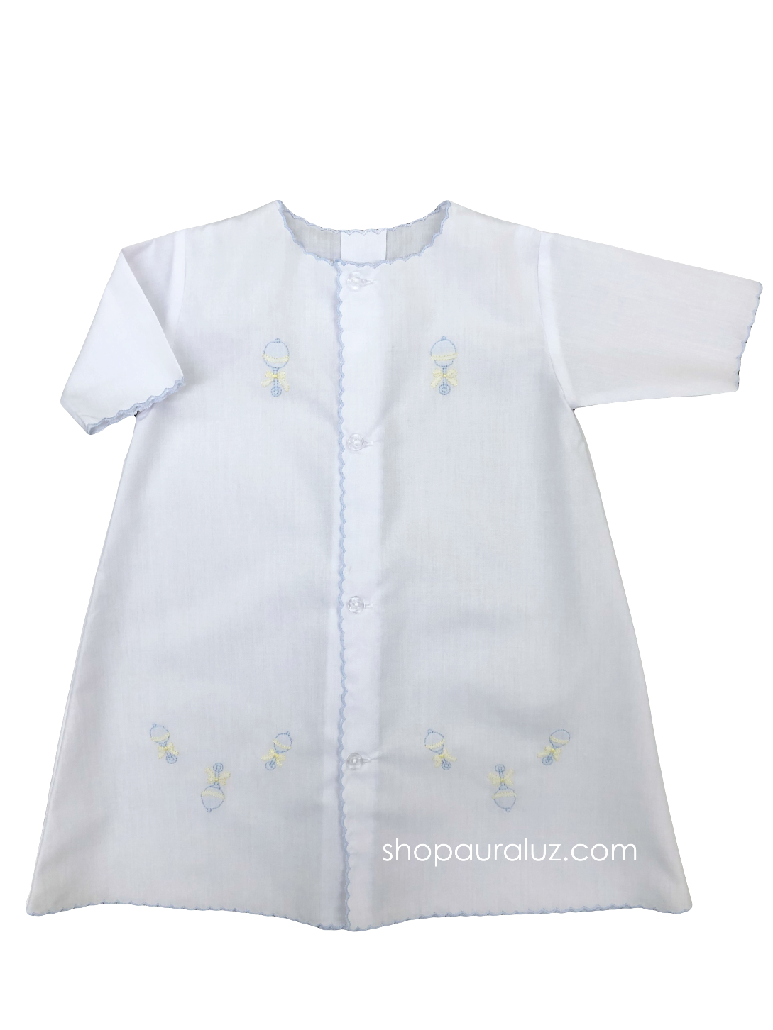 Auraluz Day Gown, l/s..White with blue scallops and embroidered rattles