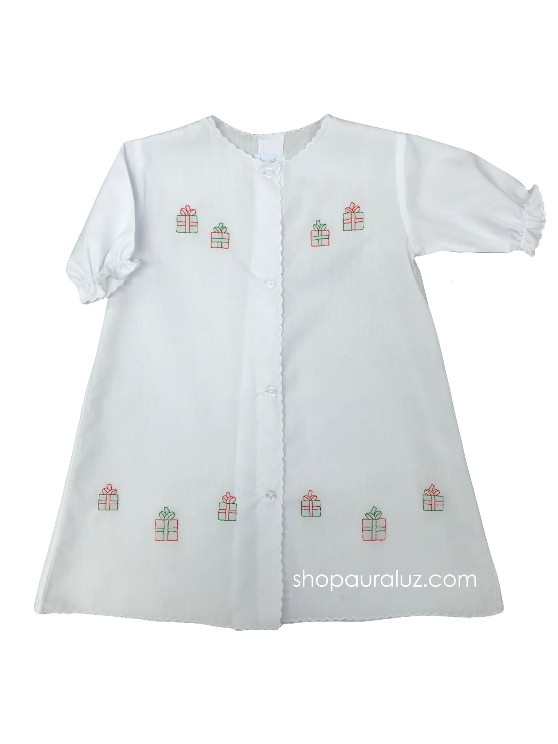 Auraluz Christmas Day Gown, l/s..White with white scallops and embroidered Christmas gifts