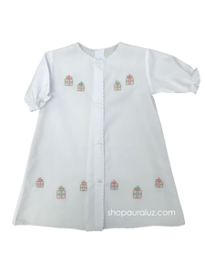 Auraluz Christmas Day Gown, l/s..White with white scallops and embroidered Christmas gifts