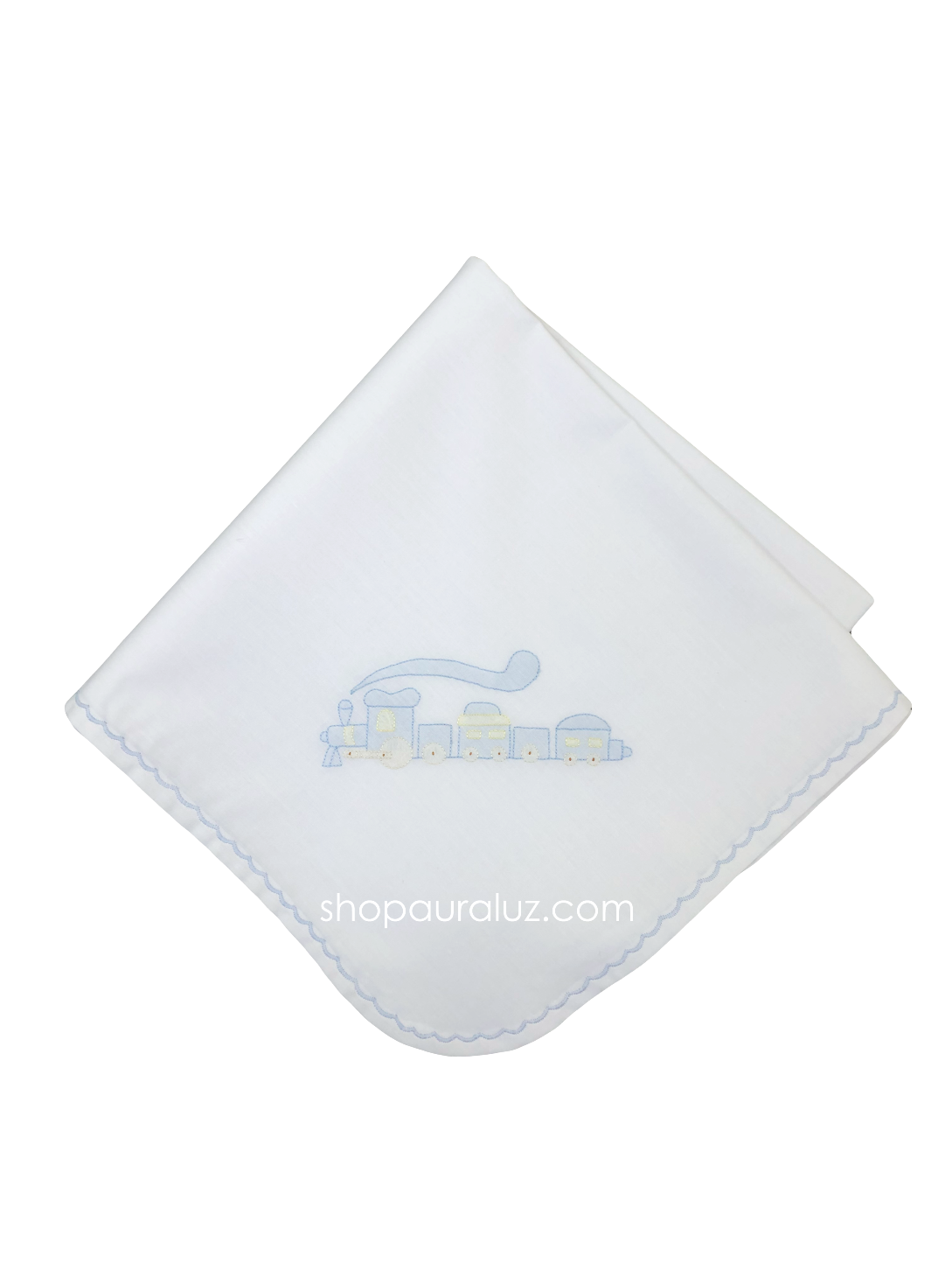 Auraluz Blanket..White w/blue scallops and embroidered train