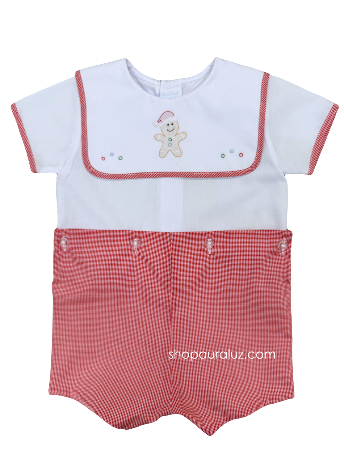 Auraluz Christmas Button-on...Red check with white square collar and embroidered gingerbread man