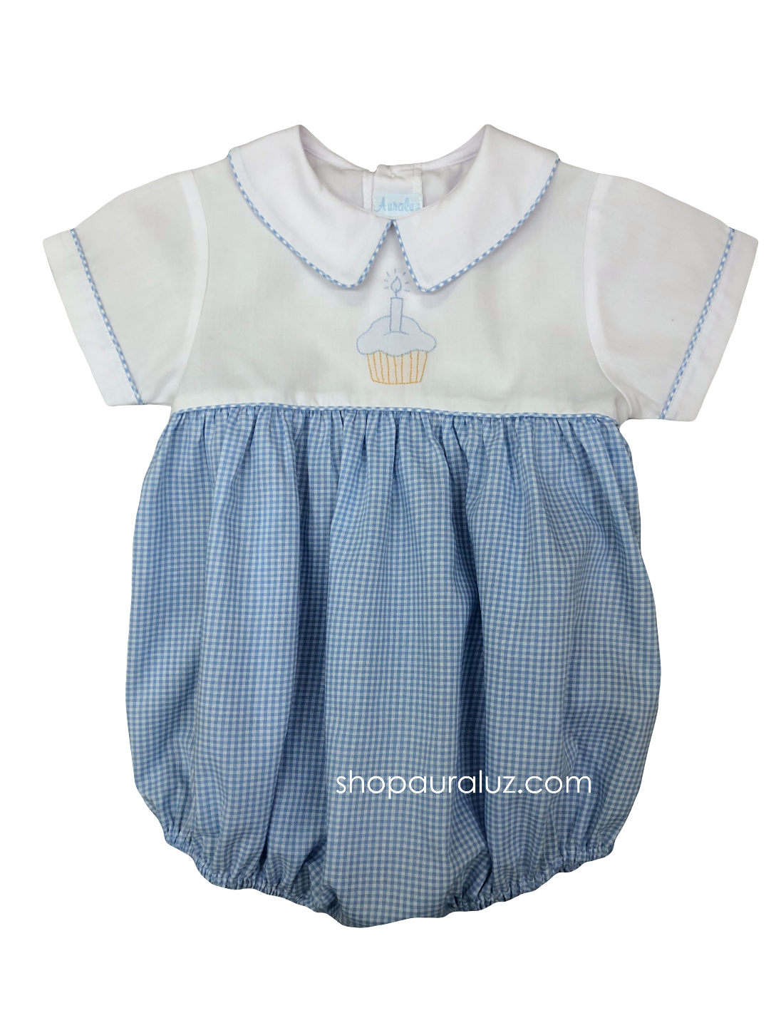 Auraluz Boy Bubble...White/blue check with boy collar and embroidered cupcake. STORE EXCLUSIVE!