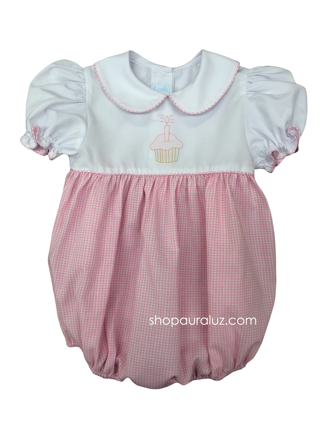 Auraluz Girl Bubble...White/pink check with p.p. collar and embroidered cupcake. STORE EXCLUSIVE!