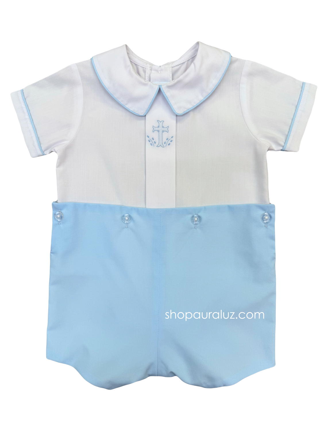 Auraluz Boy Button-On. Blue with boy collar and embroidered cross