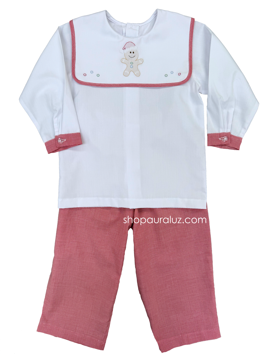 Auraluz Christmas Boy 2pc...White l/s shirt/red check pant with embroidered gingerbread man