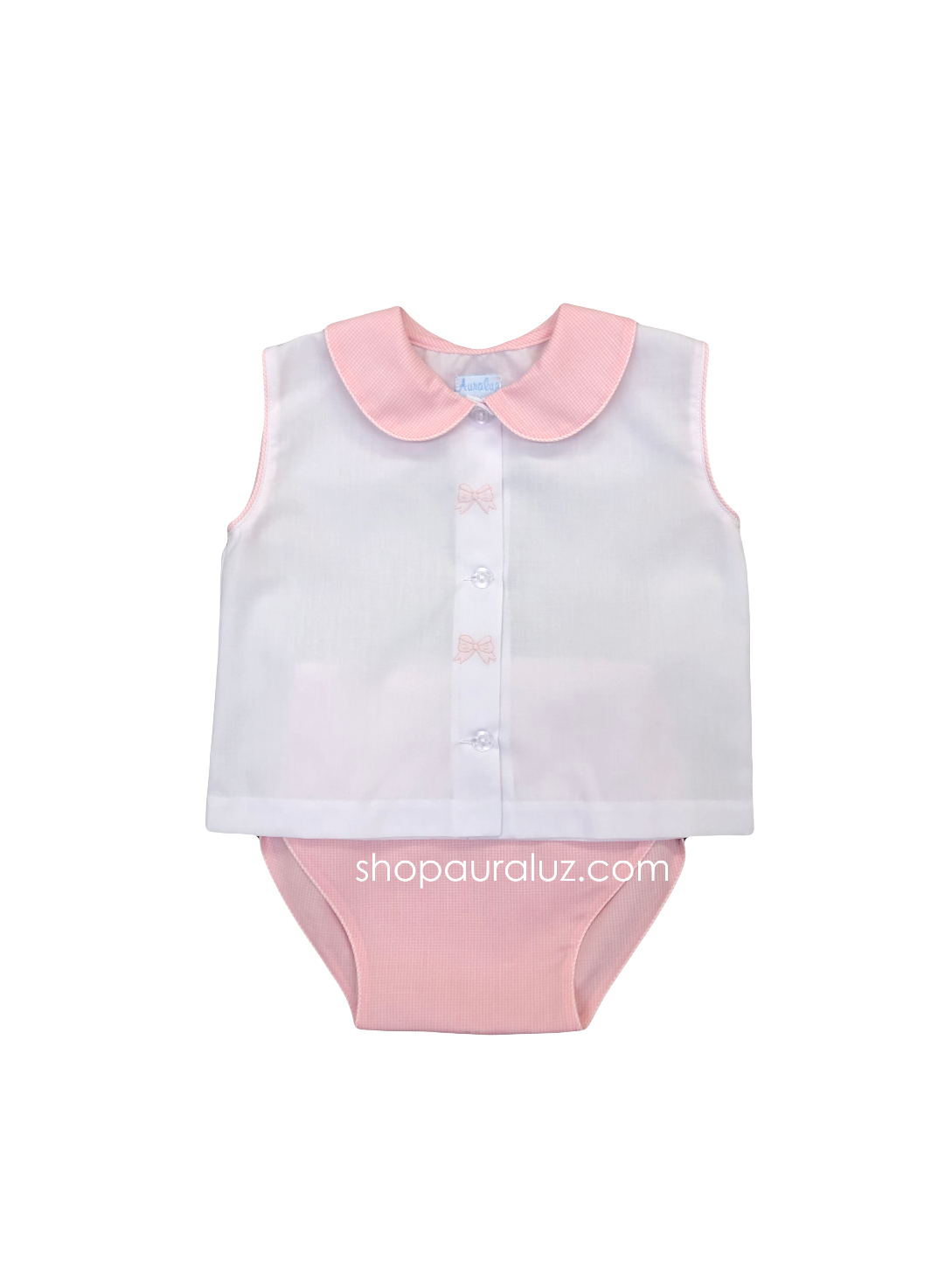 Auraluz Sleeveless Diaper shirt/cover set...White with pink check collar/diaper cover and embroidered bows
