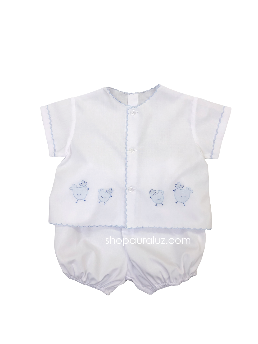 Auraluz Diaper shirt/bloomer set...White with blue scallops(white bloomers) and embroidered chickens