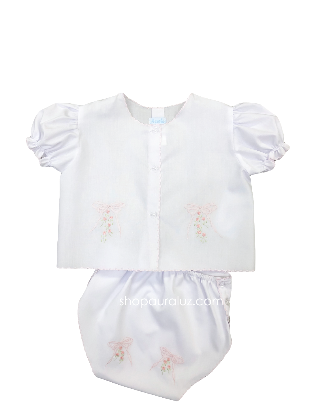 Auraluz Diaper shirt/cover set...White with pink scallops and embroidered bows