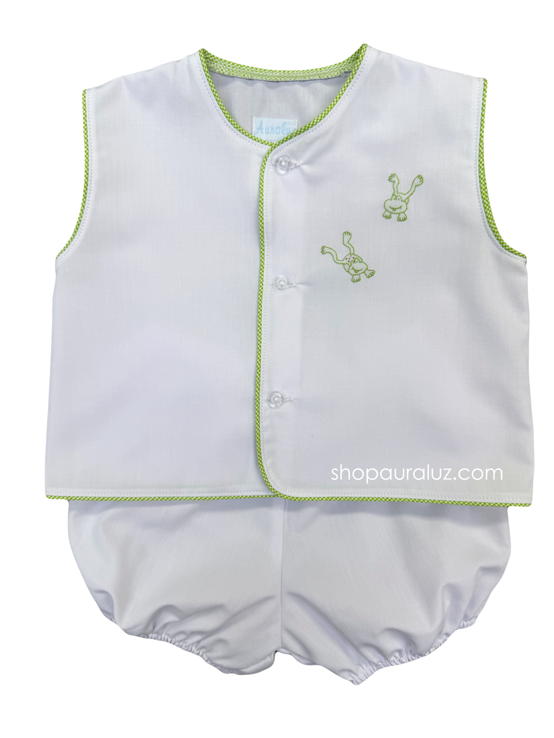 Auraluz Boy Sleeveless 2pc Set...White w/lime check piping trim, bloomer shorts and embroidered frogs