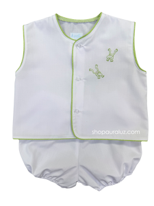 Auraluz Boy Sleeveless 2pc Set...White w/lime check piping trim, bloomer shorts and embroidered frogs