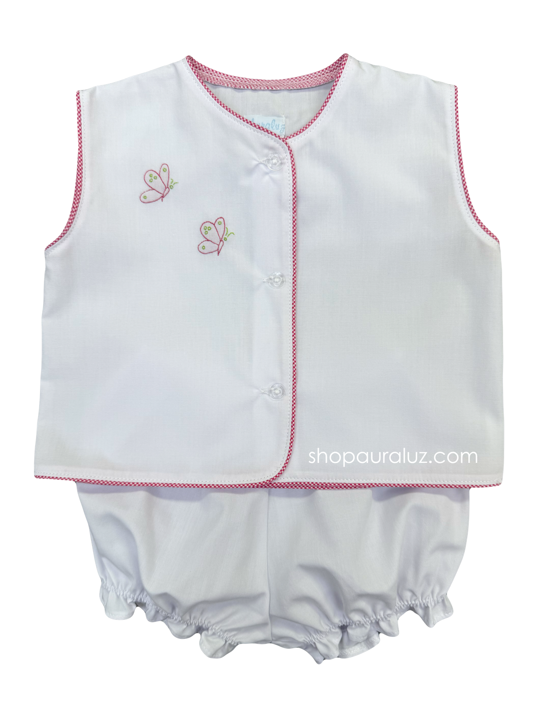 Auraluz Girl Sleeveless 2pc Set...White w/raspberry check piping trim, bloomer shorts and embroidered butterflies