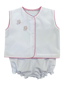 Auraluz Girl Sleeveless 2pc Set...White w/raspberry check piping trim, bloomer shorts and embroidered butterflies
