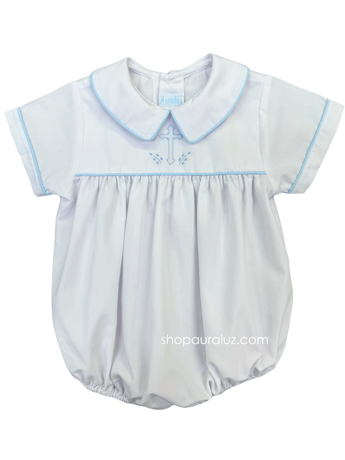 Auraluz Boy Bubble...White with blue piping trim, boy collar and embroidered cross