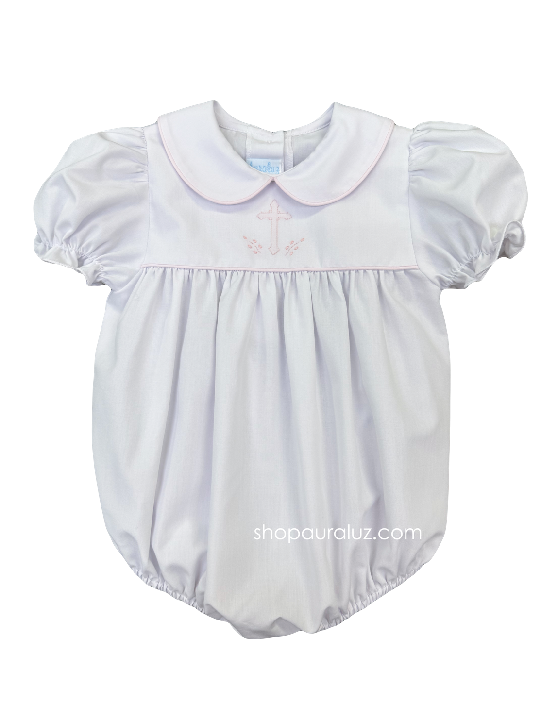Auraluz Girl Bubble...White with pink piping trim, p.p.collar and embroidered cross