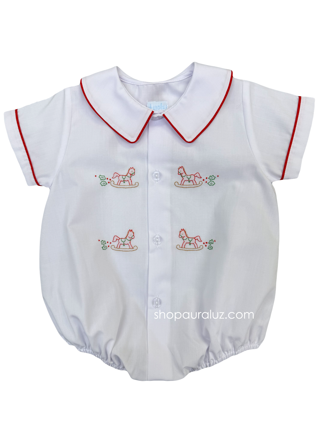 Auraluz Christmas Boy Bubble/Button-Front..White w/red binding trim and embroidered horses