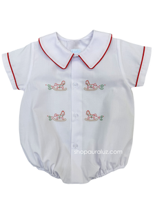 Auraluz Christmas Boy Bubble/Button-Front..White w/red binding trim and embroidered horses