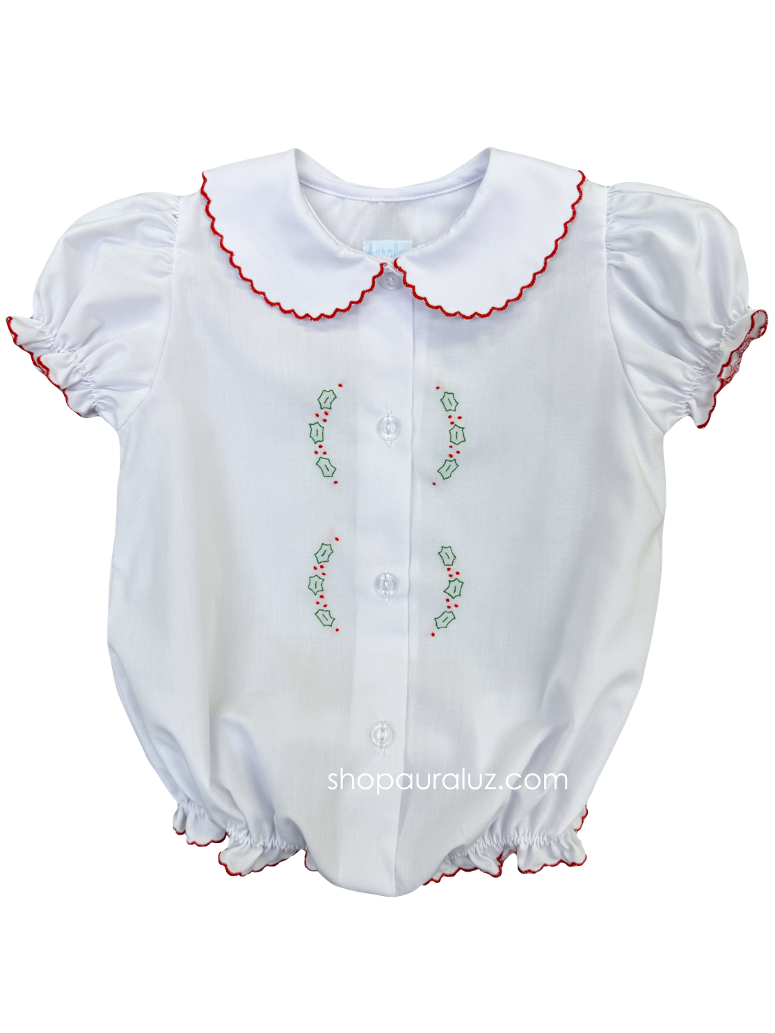 Auraluz Christmas Girl Bubble/Button-Front..White with red scallop trim and embroidered holly