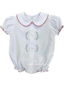 Auraluz Christmas Girl Bubble/Button-Front..White with red scallop trim and embroidered holly