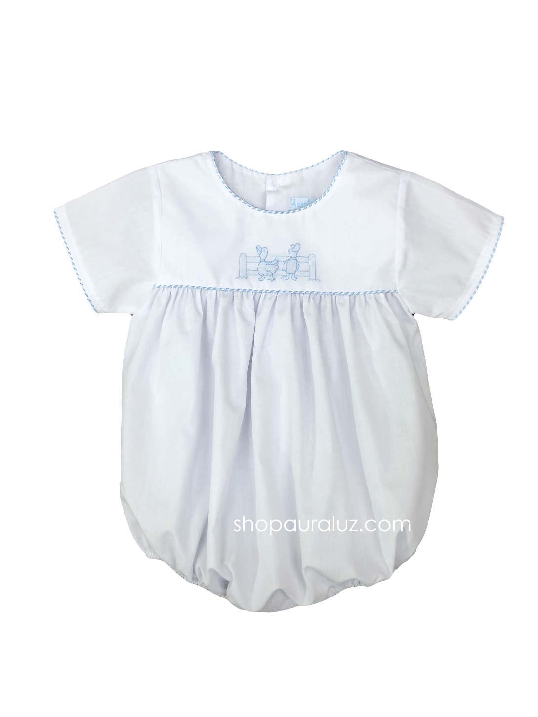 Auraluz Boy Bubble..White with blue shiny cord trim, no collar and embroidered ducks