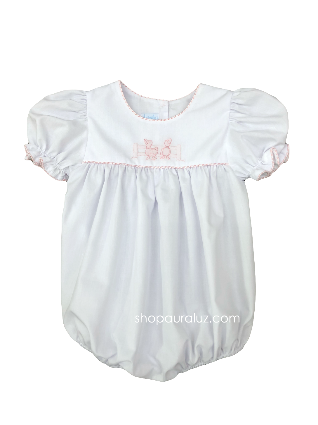 Auraluz Girl Bubble..White with pink shiny cord trim, no collar and embroidered ducks