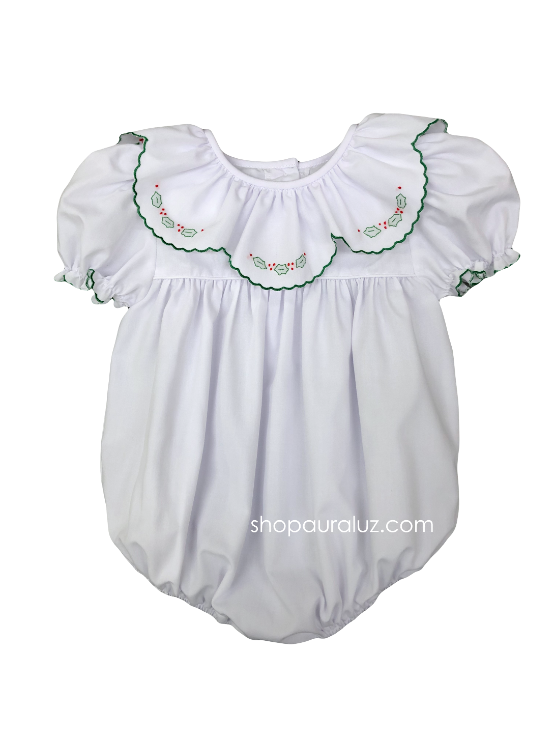 Auraluz Christmas Bubble...White with ruffle collar and embroidered holly