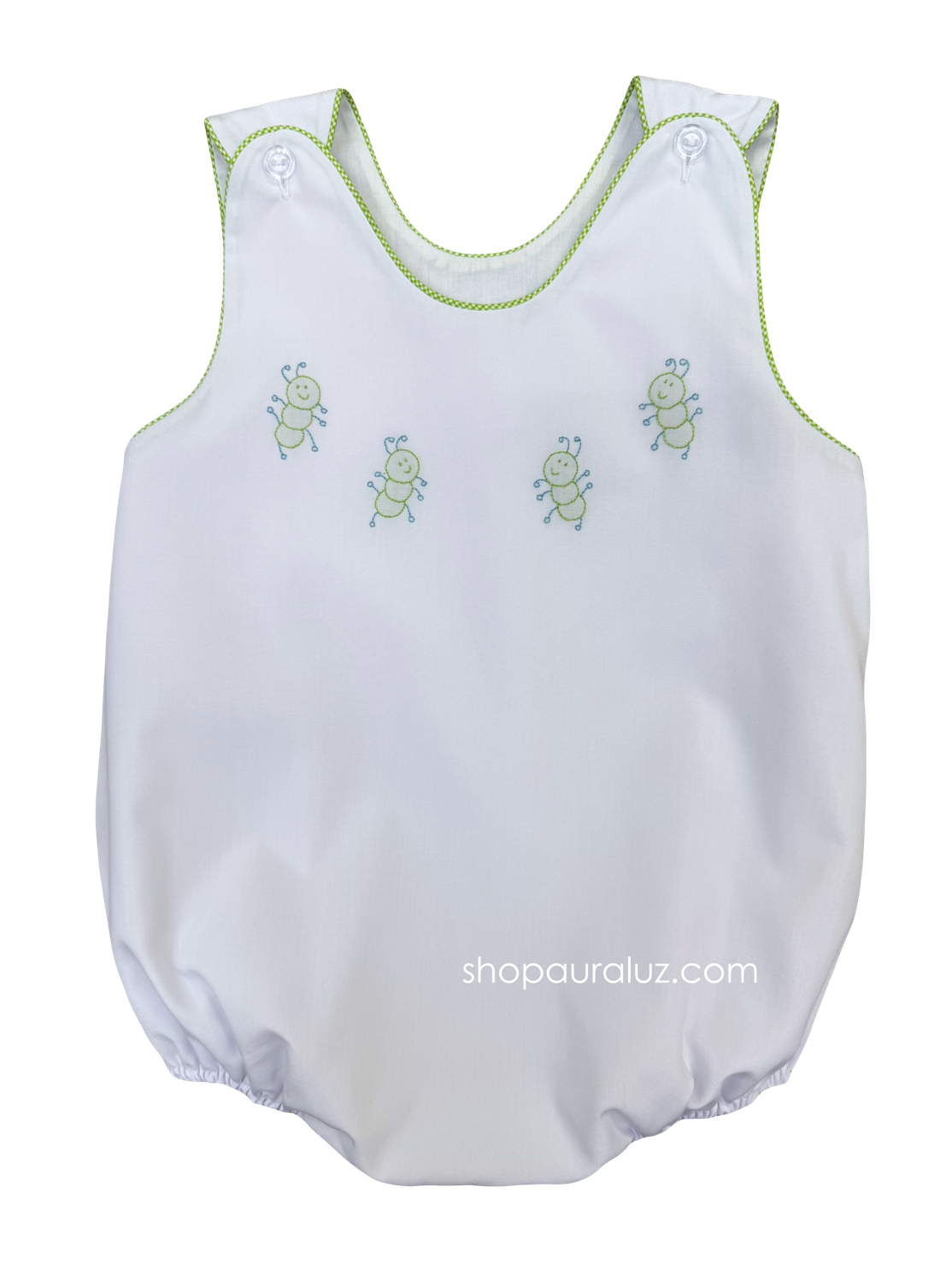 Auraluz Sleeveless Bubble...White with lime check trim and embroidered caterpillars