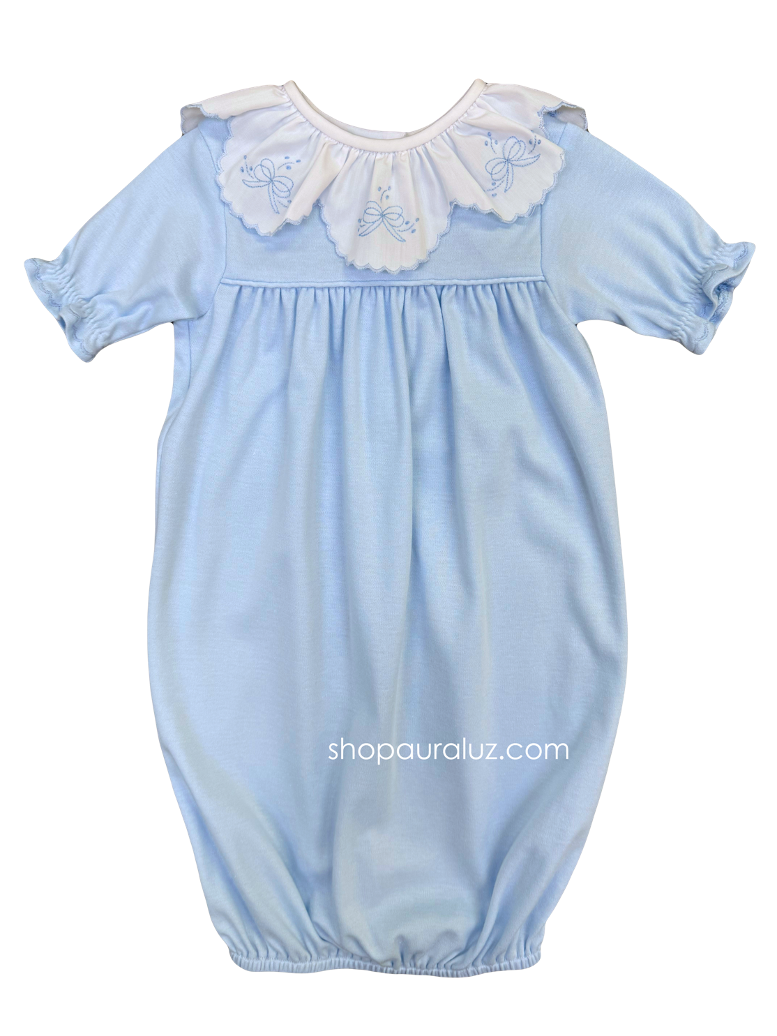Auraluz Knit Saque l/s..Blue with ruffle collar and embroidered bows