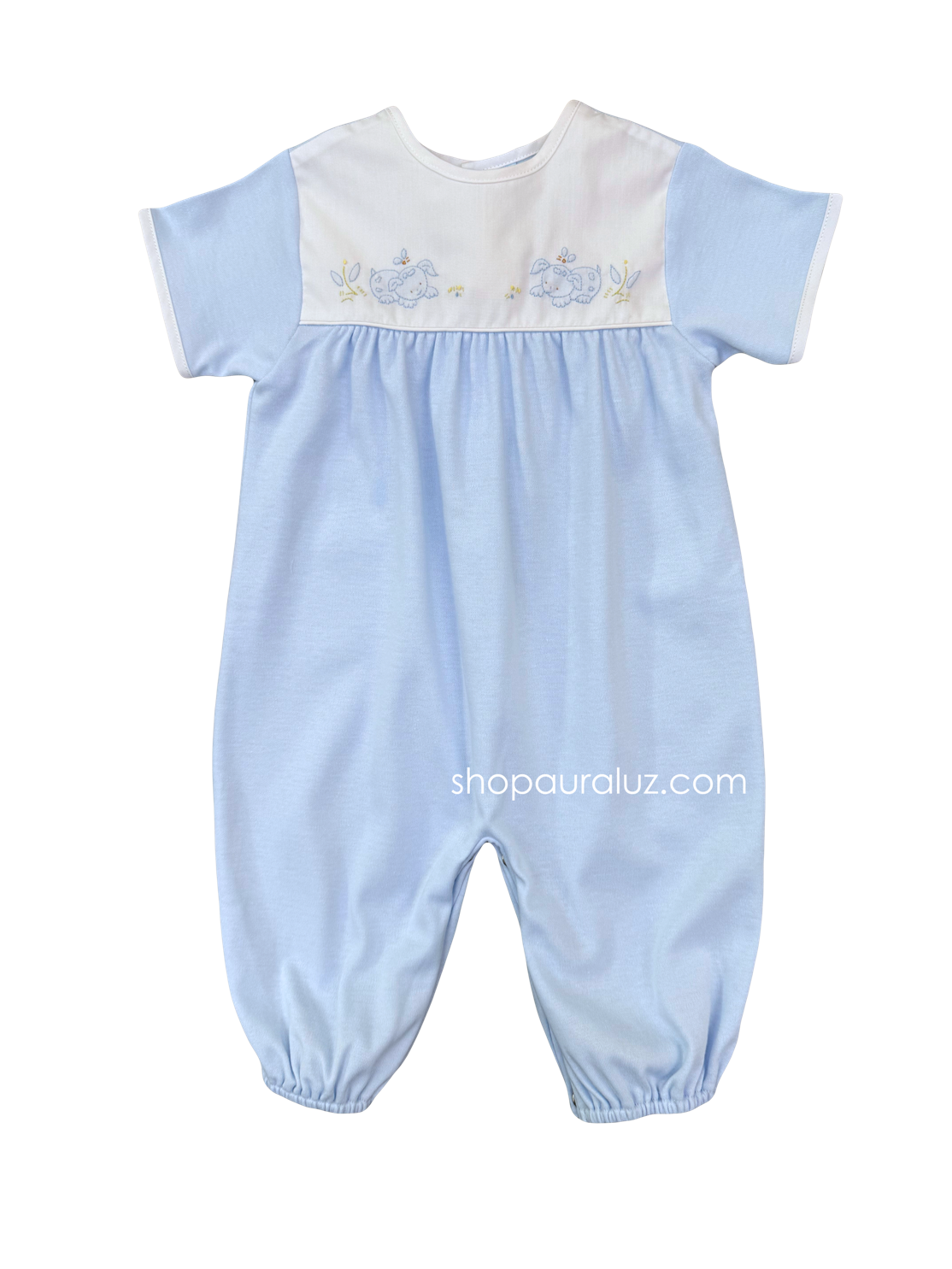 Auraluz Knit s/s Converter Gown..Blue with embroidered puppy dogs