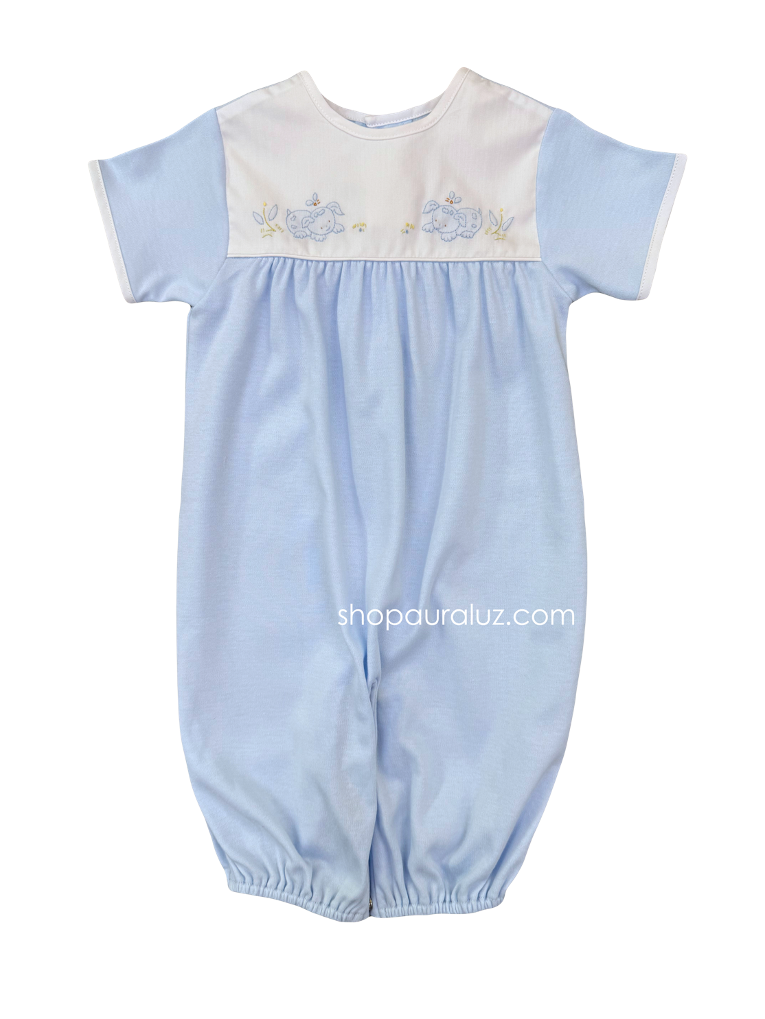 Auraluz Knit s/s Converter Gown..Blue with embroidered puppy dogs
