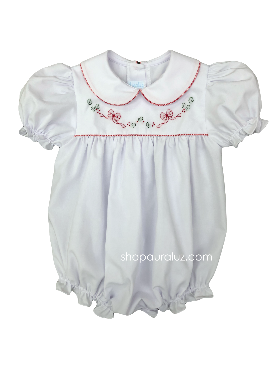 Auraluz Girl Bubble..White with red check trim, p.p.collar and embroidered bows