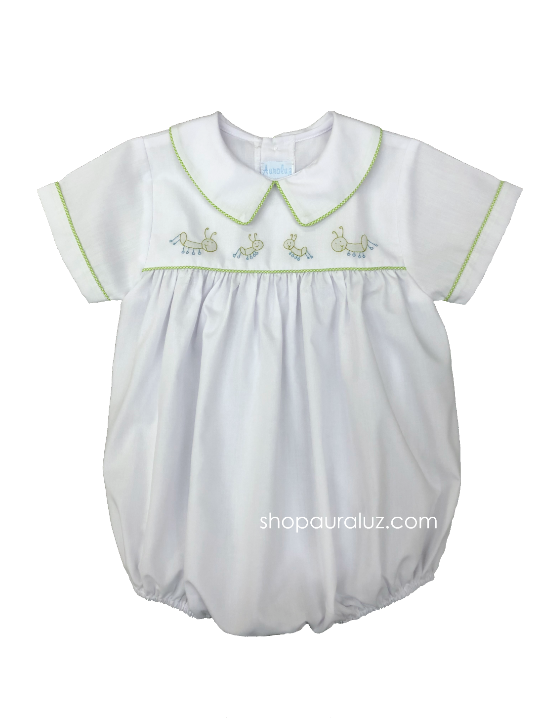 Auraluz Boy Bubble..White with lime check trim, boy collar and embroidered grasshoppers