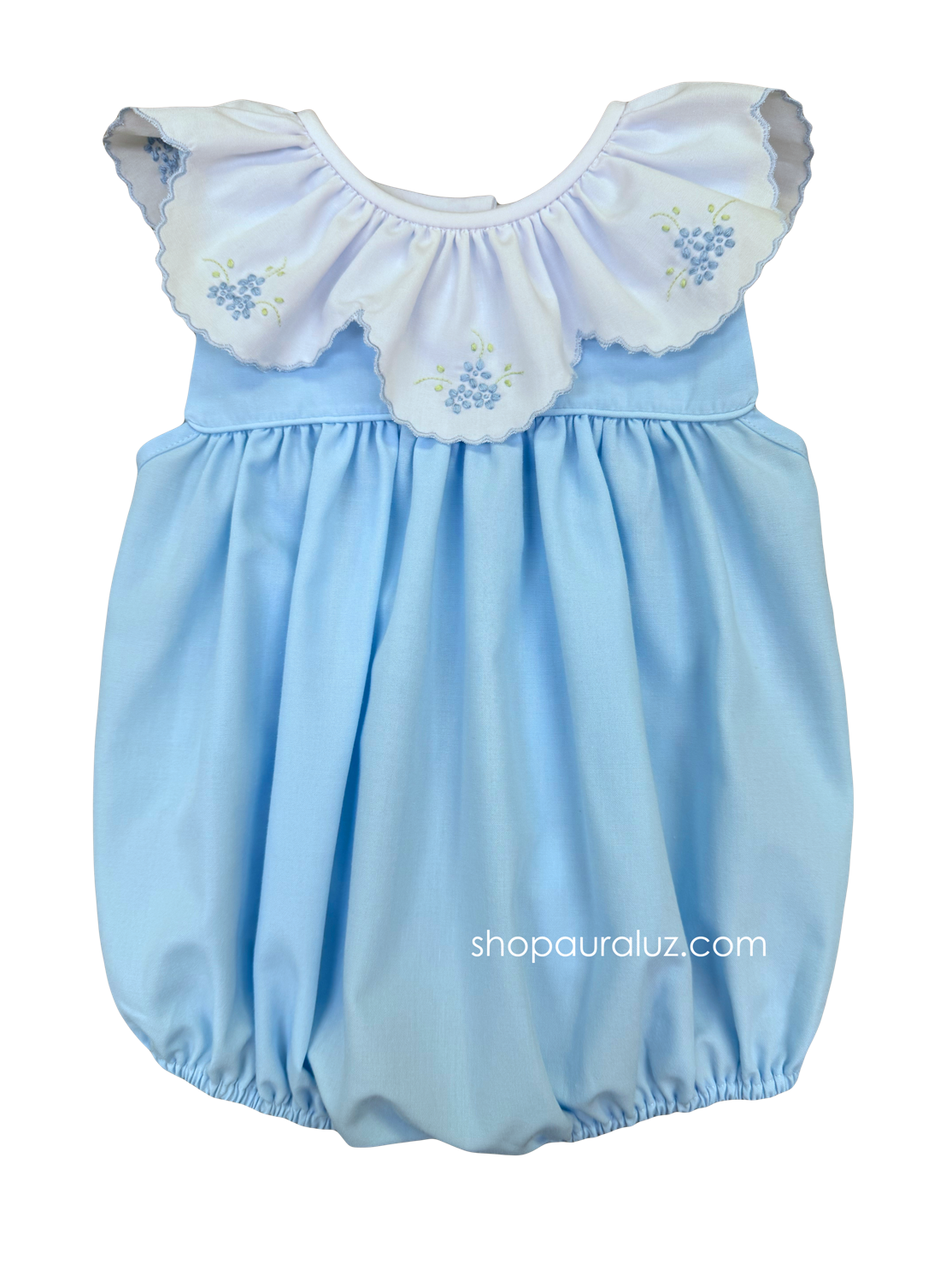 Auraluz Sleeveless Bubble..Blue with ruffle collar and embroidered flowers