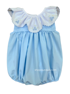 Auraluz Sleeveless Bubble..Blue with ruffle collar and embroidered flowers