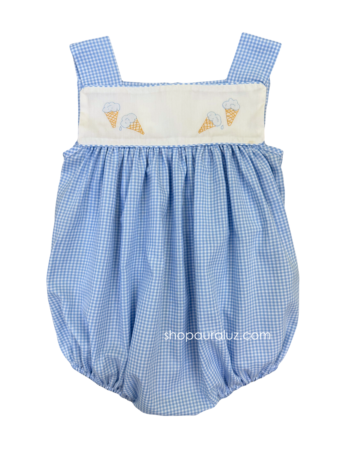 Auraluz Sleeveless Bubble..Blue check with embroidered ice cream cones. STORE EXCLUSIVE!