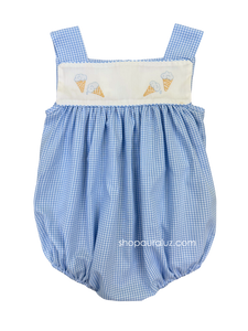 Auraluz Sleeveless Bubble..Blue check with embroidered ice cream cones. STORE EXCLUSIVE!