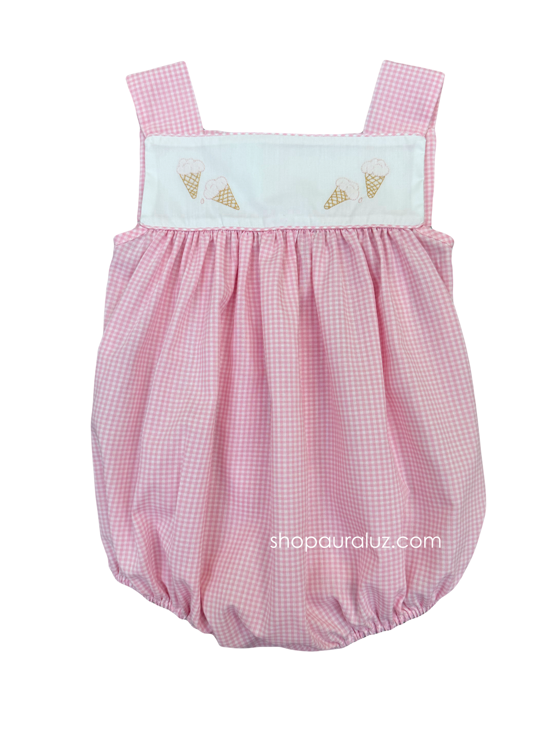 Auraluz Sleeveless Bubble..Pink check with embroidered ice cream cones. STORE EXCLUSIVE!