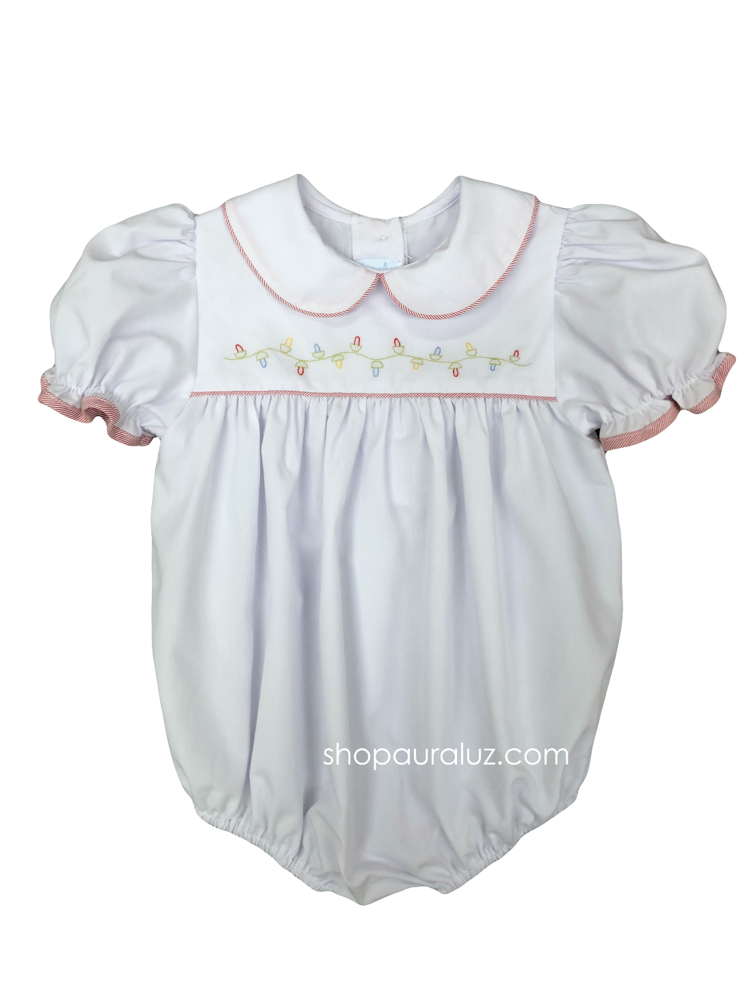 Auraluz Girl Bubble..White with red stripe trim, p.p.collarr and embroidered Christmas lights