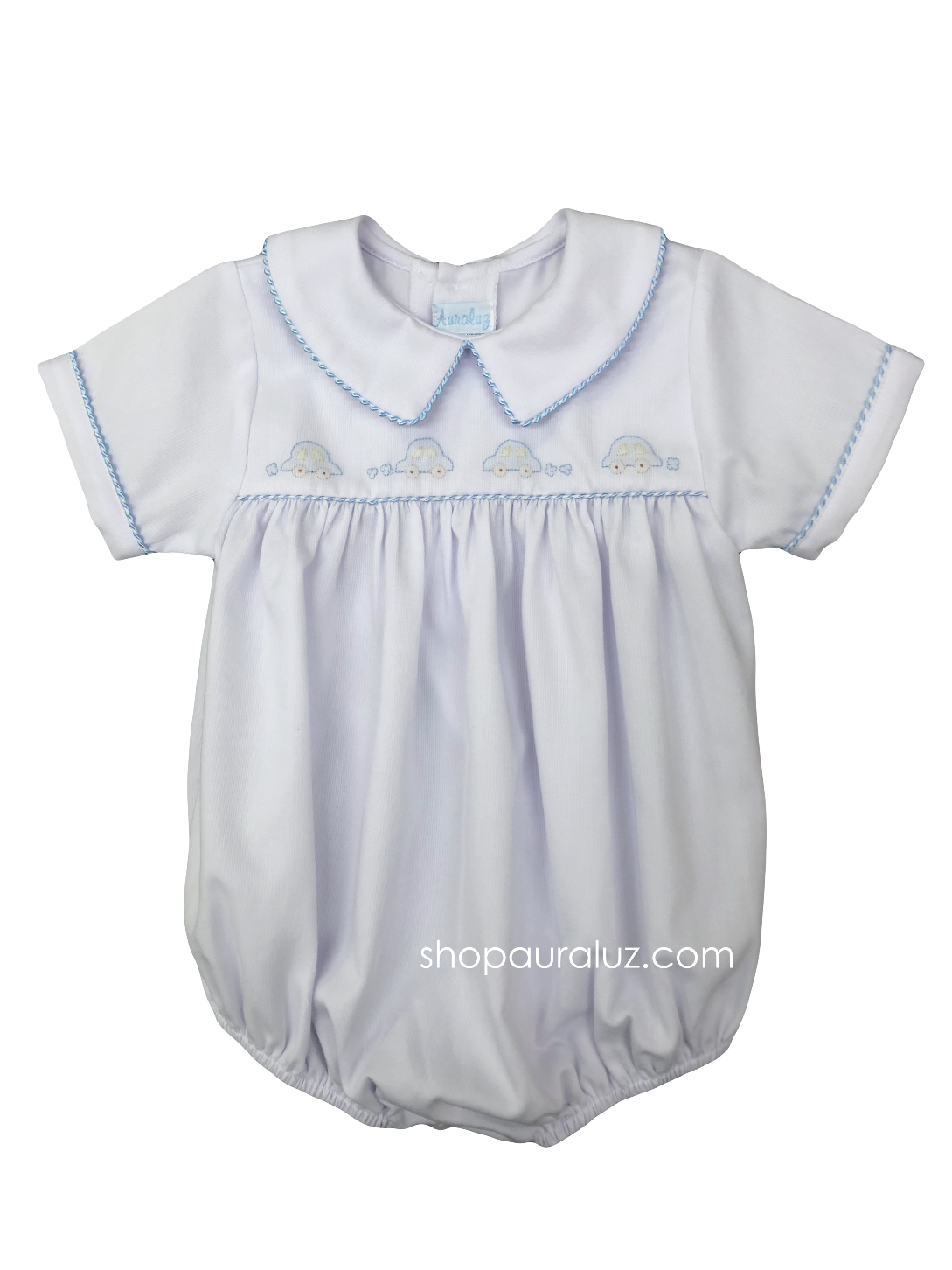 Auraluz Pique Boy Bubble...White w/blue shiny cord trim and embroidered cars