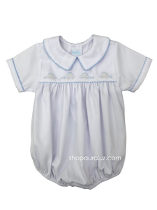 Auraluz Pique Boy Bubble...White w/blue shiny cord trim and embroidered cars