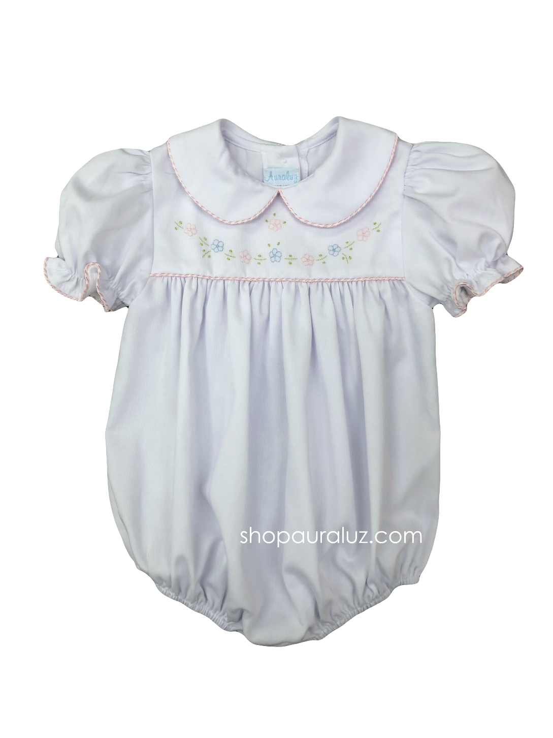 Auraluz Pique Girl Bubble...White w/pink shiny cord trim and embroidered flowers