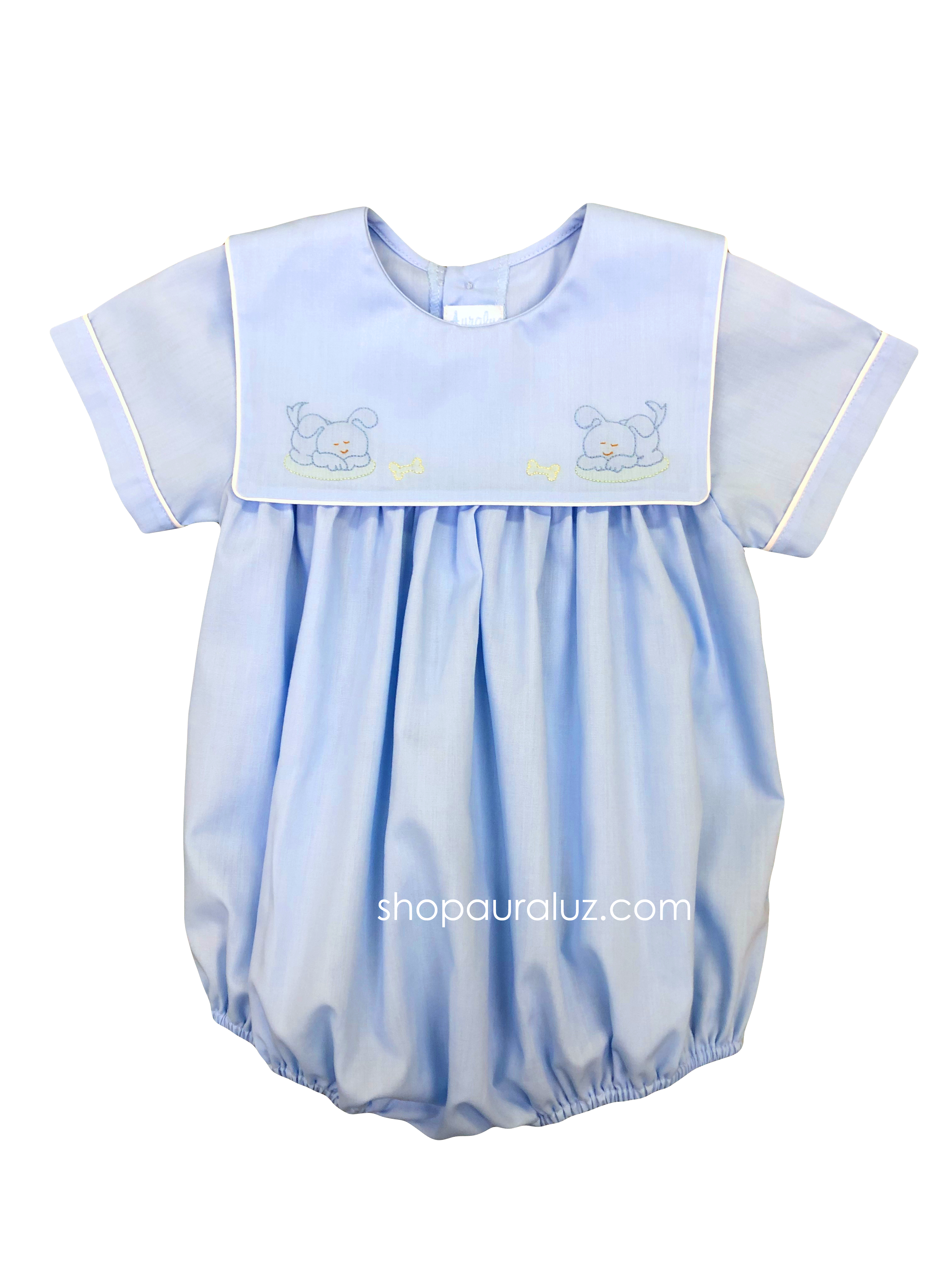 Auraluz Boy Bubble..Blue with blue square collar and embroidered puppy dogs