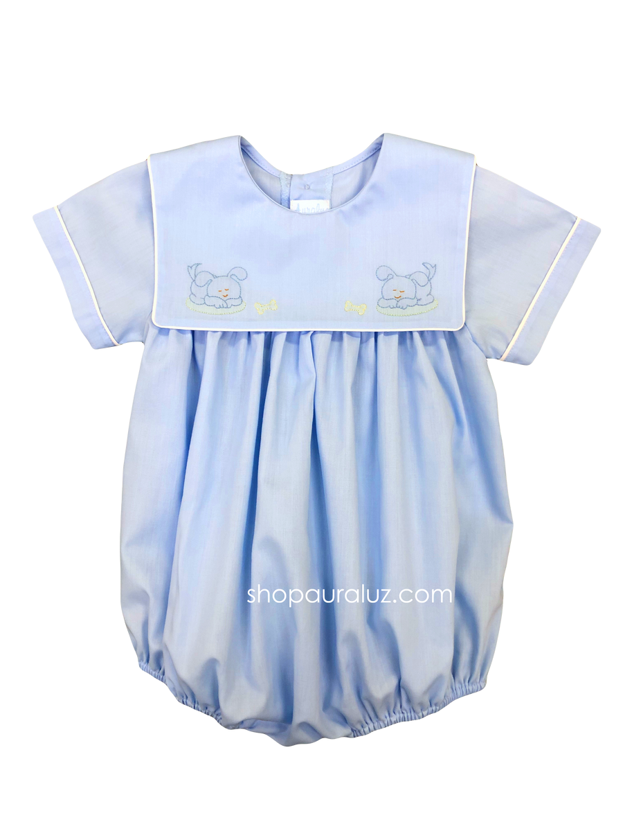 Auraluz Boy Bubble..Blue with blue square collar and embroidered puppy ...