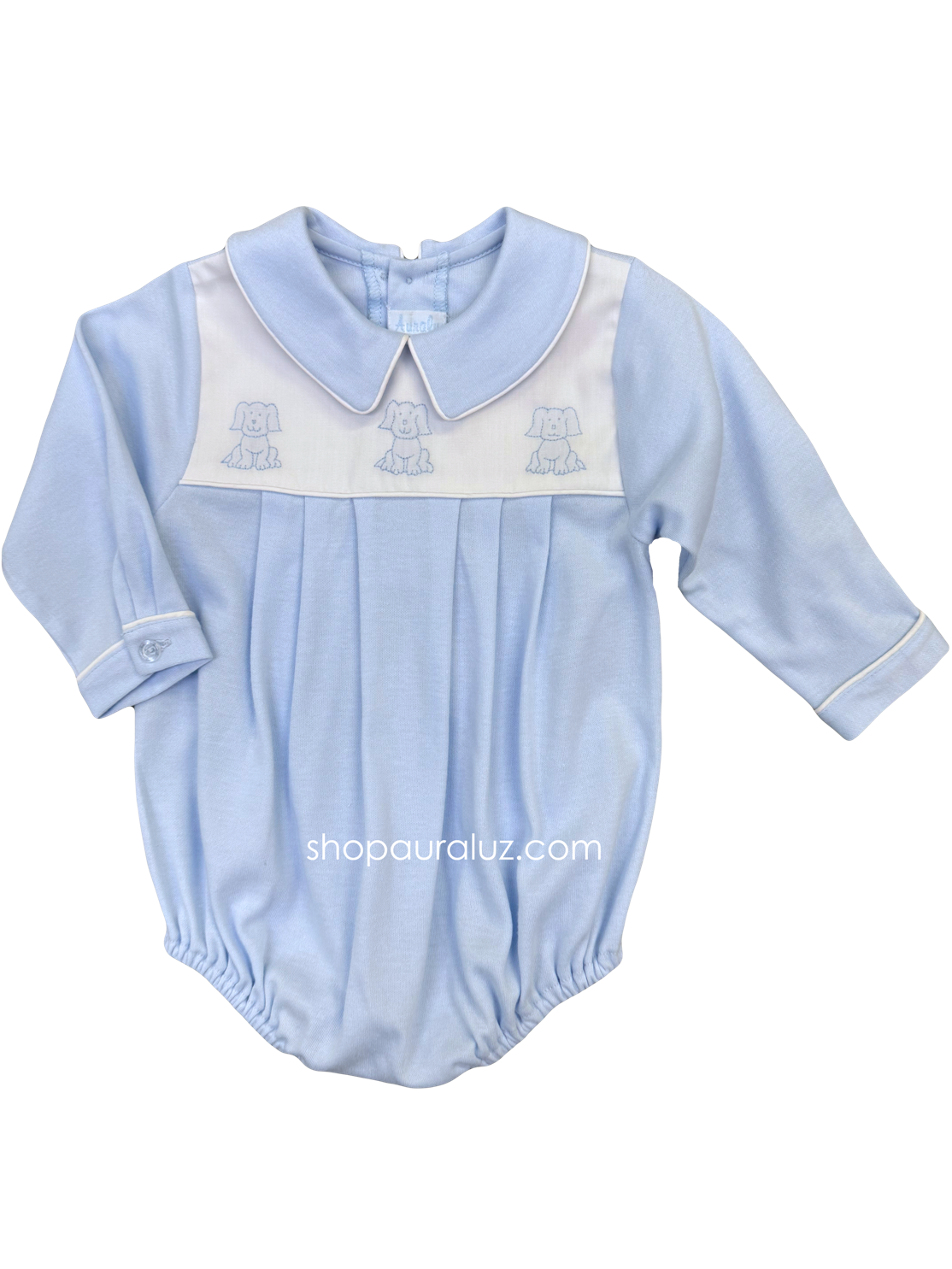 Auraluz Knit Boy Bubble, l/s..Blue with boy collar and embroidered puppies