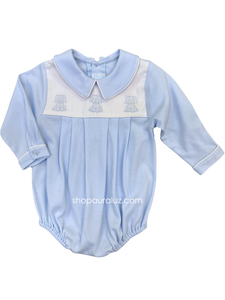 Auraluz Knit Boy Bubble, l/s..Blue with boy collar and embroidered puppies