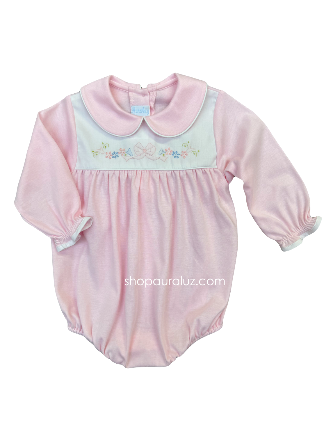 Auraluz Knit Girl Bubble, l/s..Pink with p.p. collar and embroidered bow