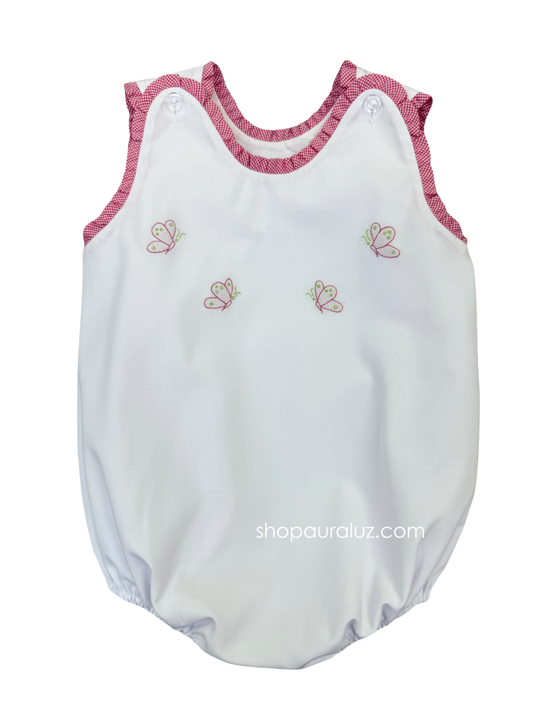 Auraluz Sleeveless Bubble..White with raspberry check ruffle trim and embroidered butterflies